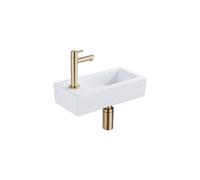 QeramiQ Fuente pack lave-mains - 37,5 x 18,5 x 9 cm - céramique blanc brillant - perçage à gauche - robinet doré brossé SW1122449/SW696208/SW696218/SW696238