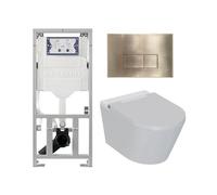 QeramiQ Luma Ensemble WC douche - réservoir encastré Geberit UP320 - avec cadre Burda - sèche-cheveux - douchette féminine - plaque de commande laiton brossé - boutons rectangulaires - blanc brillant