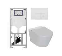 QeramiQ Luma Ensemble WC-douche - Réservoir encastré Geberit UP320 - avec cadre Burda - sèche-cheveux - douchette féminine - plaque de commande en plastique blanc brillant - boutons rectangulaires - b