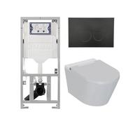 QeramiQ Luma Ensemble WC-douche - réservoir encastré Geberit UP320 - avec cadre Burda - sèche-cheveux - douchette féminine - plaque de commande en plastique noir mat - boutons ronds - blanc brillant S