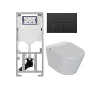 QeramiQ Luma Ensemble WC-douche - Réservoir encastré Geberit UP320 - avec cadre Burda - sèche-cheveux - douchette féminine - plaque de commande en plastique noir mat - boutons rectangulaires - blanc b