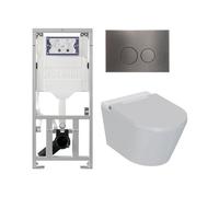 QeramiQ Luma Ensemble WC-douche - Réservoir encastré Geberit UP320 - avec cadre Burda - sèche-cheveux - douchette féminine - plaque de commande gunmetal - boutons ronds - blanc brillant SW1247816/SW70