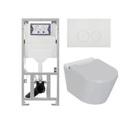 QeramiQ Luma Ensemble WC-douche - Réservoir encastré Geberit UP320 - avec cadre Burda - séchoir - douchette féminine - plaque de commande en plastique blanc brillant - boutons ronds - blanc brillant S