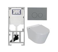 QeramiQ Luma Ensemble WC-douche - réservoir encastré Geberit UP320 - avec châssis Burda - sèche-cheveux - douchette féminine - plaque de commande gris clair - boutons ronds - blanc brillant SW1247816/