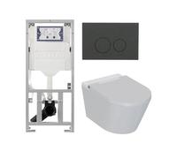 QeramiQ Luma Ensemble WC-Douche - Réservoir encastré Geberit UP320 - avec châssis Burda - sèche-cheveux - douchette féminine - plaque de commande anthracite mat - boutons ronds - blanc brillant SW1247
