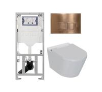 QeramiQ Luma Ensemble WC-douche - Réservoir encastré Geberit UP320 - avec châssis Burda - sèche-cheveux - douchette féminine - plaque de commande cuivrée - boutons rectangulaires - blanc brillant SW12