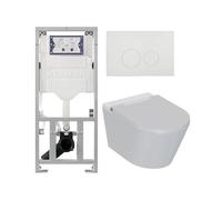 QeramiQ Luma Ensemble WC-douche - réservoir encastré Geberit UP320 - avec châssis Burda - sèche-cheveux - douchette féminine - plaque de commande métallique blanche mate - boutons ronds - blanc brilla