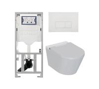 QeramiQ Luma Ensemble WC-douche - Réservoir encastré Geberit UP320 - avec châssis Burda - sèche-cheveux - douchette féminine - plaque de commande métallique blanche mate - boutons rectangulaires - bla
