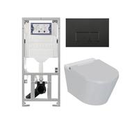 QeramiQ Luma Ensemble WC-douche - réservoir encastré Geberit UP320 - avec châssis Burda - sèche-cheveux - douchette féminine - plaque de commande en métal noir mat - boutons rectangulaires - blanc bri