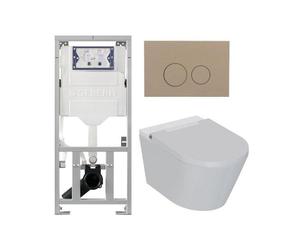 QeramiQ Luma Ensemble WC-douche - réservoir encastré Geberit UP320 - avec châssis Burda - sèche-cheveux - douchette féminine - plaque de commande taupe - boutons ronds - blanc brillant SW1247816/SW110