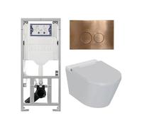 QeramiQ Luma Ensemble WC-douche - réservoir encastré Geberit UP320 - avec châssis Burda - séchoir - douchette féminine - plaque de commande cuivre - boutons ronds - blanc brillant SW1247816/SW706196/0