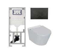 QeramiQ Luma Ensemble WC-douche - réservoir encastré Geberit UP320 - avec châssis Burda - séchoir - douchette féminine - plaque de commande métallique noire mate - boutons ronds - blanc brillant SW124