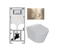 QeramiQ Luma Set WC douche - réservoir encastré Geberit UP320 - avec cadre Burda - sèche-cheveux - douchette féminine - plaque de commande en laiton brossé - boutons ronds - blanc brillant SW1247816/S