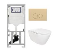 QeramiQ Salina Pack WC - sans bride - réservoir WC attenant Geberit - à fond creux WC suspendu - fermeture douce - démontage rapide - plaque de déclenchement beige - boutons ronds - blanc 0701131/SW96