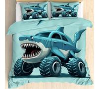 Qfpryzius Housse de Couette 140x200 Monster Truck Requin, Réversible Parure de Lit Camion Monstre 1 Personne, Ensemble de literie Microfibre avec Fermeture Éclair + 1 Taie d'oreiller 65x65