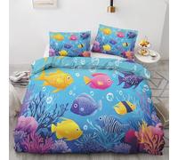 Qfpryzius Parure de Lit 90x190 Enfant pour 1 Personne Poisson Tropical, Housse de Couette Réversible Animaux Marins + 1 Taie d'oreiller 65x65, Ensemble de Literie en Microfibre pour Garçon Fille
