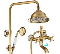 QHQQXN Colonne de Douche rétro, Ensemble de Douche 3 Fonctions, système de Douche Antique Rond de 8 Pouces, Porcelaine Bleue Blanche, Robinet de Baignoire pivotant à 90 °, Pomme de Douche à Effet