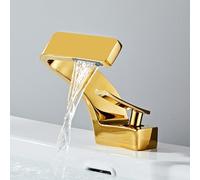 QHQQXN Robinet Cascade 2239 - Mitigeur Chaud Froid de Salle de Bain de Luxe, Robinet de lavabo en cuivre avec Valve en céramique, Installation monotrou, Conception économe en Eau (Finition Or