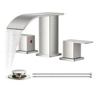 QHQQXN Robinets de Salle de Bain Cascade 3 Trous, 8 Pouces, Robinet de lavabo de Salle de Bain carré en Nickel brossé avec bonde Pop-up en métal et Tuyau cUPC, Deux poignées pour vanité, Camping-Car,