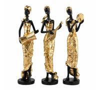 Qianly 3 Pieces Figurines Résine Femme Afro-scendante Trois Pièces Statue Femme Noire et or Élégant Sculptures Élégantes pour, Statue De Femme Africaine Jouant D Un Instrument, Ensemble De Trois