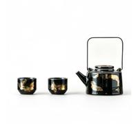 Qianly Tasses Assorties Service Thé Céramique Émaillé Foncé Vaisselle Résistant à la Chaleur, Théière Ronde Noire Avec Motif Doré Et Deux Tasses Basses