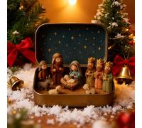 Qidures Mini Crèche De Noël dans Une Boîte en Fer Blanc, Coffret De Poche Portable en Métal avec 3D Figurines De La Sainte Famille, des Moutons Et De Jésus en Résine pour La Famille Et Les Amis