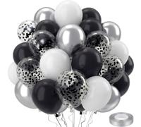 QIFU 50 Pièces Ballon Noir Et Blanc,12 Pouces Métallique Argentés Confettis Latex Hélium Ballon Avec Ruban Decoration Anniversaire Pour Enfant Garcon Homme Baby Shower Mariage Bapteme Décoration Fête