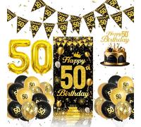 QIFU Deco Anniversaire 50 Ans Noir Or - Kit Decoration Anniversaire 50 Ans Homme Femme, Noir Or Deco anniversaires Banderole Bannière Triangulaire Ballons Joyeux Anniversaires Pour Homme Femme(50th)