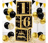 QIFU Urne Anniversaire 16 Ans Garçon - 3pcs Boîtes Cadeau Decorations Anniversaire 16 Ans Noir Or, Décoration de 16e Anniversaires Noir Or pour Garçon Fille Homme Femme Joyeux Anniversaires 16th Cube