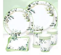 QIFU Vaisselle Jetable Anniversaire Vert - 96pcs Assiettes Jetable Anniversaire Verts Assiette Carton, Gobelets, Serviettes pour Decoration Anniversaires Garcon Fille Mariage Baby Shower(24 Invités)
