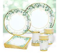 QIFU Vaisselle Jetable Vert Sauge - 96 Pièces Assiettes Jetable Anniversaire Vert Or Assiette Carton, Gobelets, Serviettes pour Decoration Anniversaire Garcon Fille Mariage Baby Shower(24 Invités)