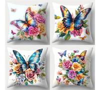 QiHon Lot de 4 Housses de Coussin 30x30 cm Papillon Fleurs Roses Housse de Coussin Canapé Moderne avec Fermeture Éclair Invisible Taie d'oreiller Lin Décoratif pour Salon Chambre Jardin