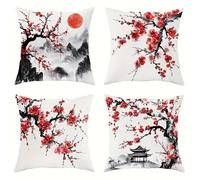 QiHon Lot de 4 Housses de Coussin 50x50 cm Fleur Prunier Rouge Housse de Coussin Canapé Moderne avec Fermeture Éclair Invisible Taie d'oreiller Lin Décoratif pour Salon Chambre Jardin