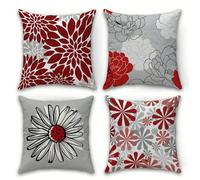 QiHon Lot de 4 Housses de Coussin 50x50 cm Fleurs Rouges Simples Housse de Coussin Canapé Moderne avec Fermeture Éclair Invisible Taie d'oreiller Lin Décoratif pour Salon Chambre Jardin