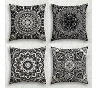 QiHon Lot de 4 Housses de Coussin 50x50 cm Mandala Noir Housse de Coussin Canapé Moderne avec Fermeture Éclair Invisible Taie d'oreiller Lin Décoratif pour Salon Chambre Jardin