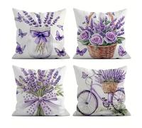 QiHon Lot de 4 Housses de Coussin Décoratives 60x60 cm Taie d'oreiller en Lin Papillon Violet Housses Coussins Motif Double Face Lavande Housse Coussin Salon de Jardin Exterieur pour Salon Canapé