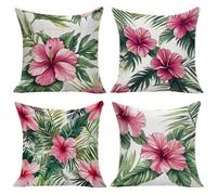 QiHon Lot de 4 Housses de Coussin en Lin 30x30 cm Housse de Coussin Canapé Moderneu Fleurs Feuilles Palmier Taie d'oreiller Carrée avec Fermeture Éclair Invisible pour Canapé Salon Chambre Burea