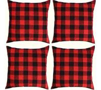 QiHon Lot de 4 Housses de Coussin en Lin 40x40 cm Housse de Coussin Canapé Moderneu Carreaux Noirs Rouges Taie d'oreiller Carrée avec Fermeture Éclair Invisible pour Canapé Salon Chambre Burea
