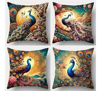 QiHon Lot de 4 Housses de Coussin en Lin 50x50 cm Housse de Coussin Canapé Moderneu Fleurs Paons Taie d'oreiller Carrée avec Fermeture Éclair Invisible pour Canapé Salon Chambre Burea