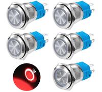 QIMEI-SHOP Bouton Poussoir Verrouillage 16mm Interrupteur Poussoir 12V/24V DC 3A Étanche Interrupteur à Bouton-poussoir en Laiton Chromé avec Lumière LED Anneau Rouge 5 Pièces