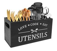QINGLANG Organiseur d’ustensiles de cuisine en bois rustique avec 4 compartiments et fond de drainage pour couverts et argenterie - Caddy de rangement pour ustensiles de cuisine de style ferme - Idéal