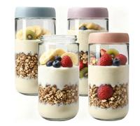 QinOustore Lot de 4 Pots pour Overnight Oats 750 ml - Verre Hermétique avec Couvercle à Vis, Récipient Overnight Oats, Pot Petit Déjeuner en Verre, Porridge, Yaourt & Repas Préparés