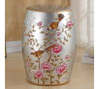 QIUHTR Tabouret Tambour en Céramique Peint à la Main avec Fleurs et Oiseaux,Tabouret de Jardin Vintage,Détail Clous en Relief,Table d’Appoint pour Entrée & Balcon(Silver)