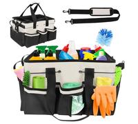 Qivine Grand Panier Rangement de Nettoyage, 5 Compartiments Seau de Rangement avec Séparateur Réglable, Organisateur de Caddie Sac de Nettoyage avec Poignée pour la Maison et la Voiture (Blanc)