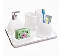 Qivine Set Salle de Bain 6 Pièces, Ensemble Salle de Bain en Céramique avec Distributeur de Savon, Porte-Savon, Porte Brosse à Dent, Gobelet de Rinçage et Plateau, Décoration Moderne, Blanc