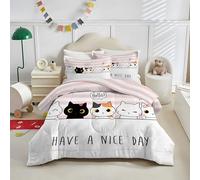 Qiwagu Couette 140x200 Enfant Imprimée Chat Dessin Animé, Couette 1 Personne pour Lit 90x190 cm, Chaude Anti-acariens, Microfibre Douce et Confortable, Lavable en Machine (Blanc Rose)