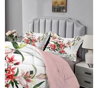 Qiwagu Couette Imprimée Fleur Rouge 220x240 cm pour 2 Personnes, Ensemble 3 Pièces avec 2 Taies d'Oreiller 65x65 cm, Couette 4 Saisons 200GSM Légère et Chaude, Blanc Réversible Lavable