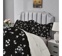 Qiwagu Couette Imprimée Floral Blanc, Couette 240x260 pour 2 Personnes, Couette 4 Saisons 200GSM Legere et Chaude, Couette Noir Réversible Lavable avec 2 Taies d'oreiller