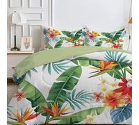 Qiwagu Couette réversible 240 x 260 cm, 4 saisons, motif feuilles vertes, lavable, utilisable sans housse, légère, douce, 200 g/m², pour toutes les saisons, blanche, avec 2 taies d'oreiller (sans