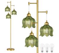 QIYIZM Lampadaire doré pour salon, chambre à coucher, lampe sur pied moderne du milieu du siècle, arbre en laiton, 3 lumières, grand lampadaire, vintage, rétro, lampadaire en verre, fleur verte